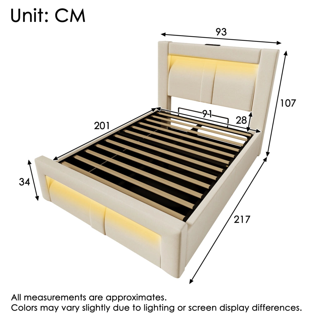 Letto singolo 90x200 contenitore velluto beige LED USB Type-C con materasso