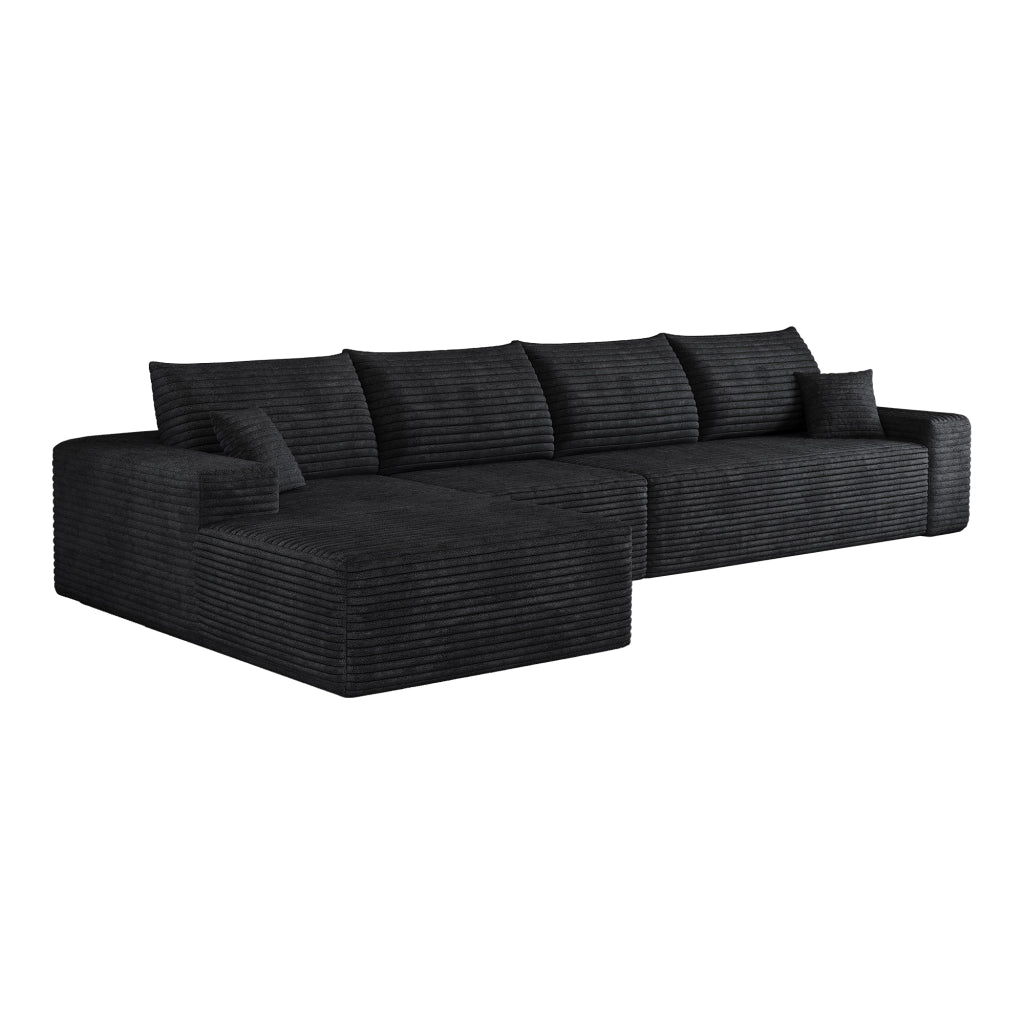 Divano 340x175x83 cm in tessuto nero a coste; imbottitura in schiuma elastica; senza attrezzi