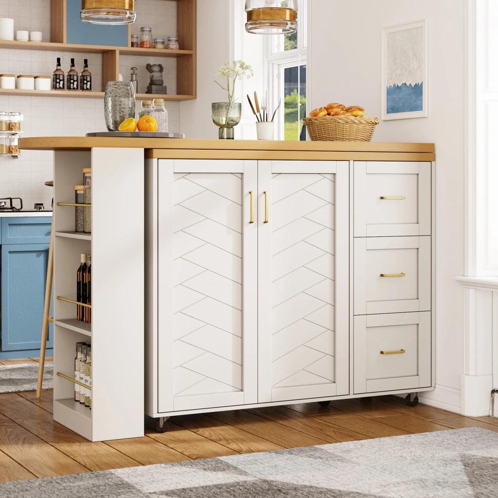 Carrello Bar allungabile con 2 Ante, 3 Cassetti e Piano in Effetto Legno, bianco/nero, 135-228x39x104 cm, con ruote