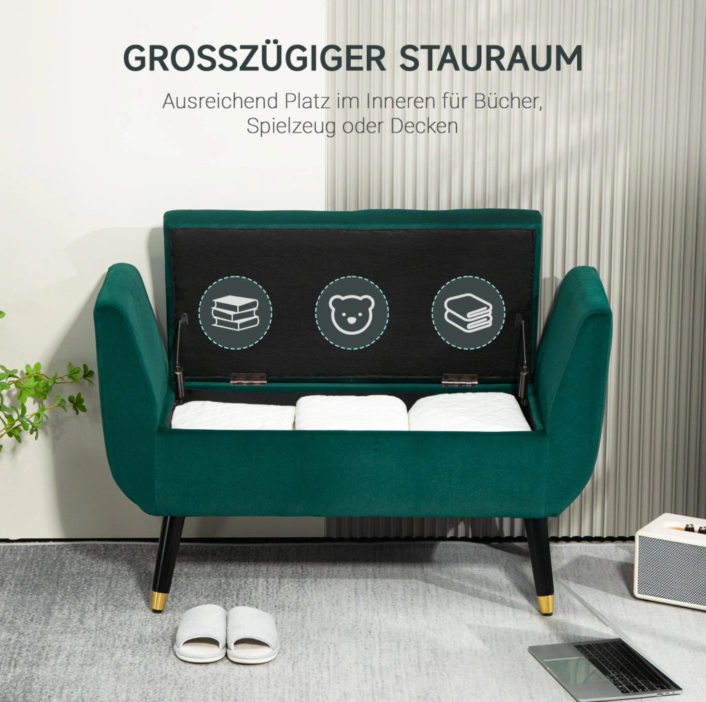 Panca con contenitore in policotone effetto velluto verde con braccioli 107x42x65 cm