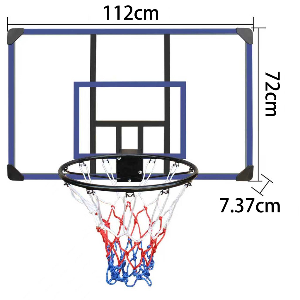 Canestro da basket da parete con tabellone 112 × 72 cm cerchio elastico da 45.72 cm nero e blu