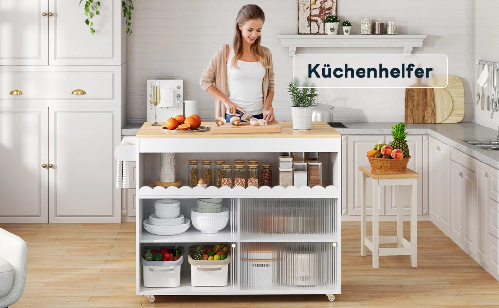 Carrello da cucina con piano pieghevole; ante scorrevoli in vetro temperato e ruote bianco naturale 122 × 46(69) × 91 cm