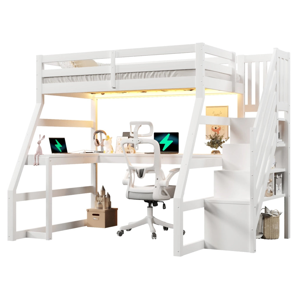 Letto a soppalco in legno 90x200 cm con scrivania; scala con contenitore e LED; bianco