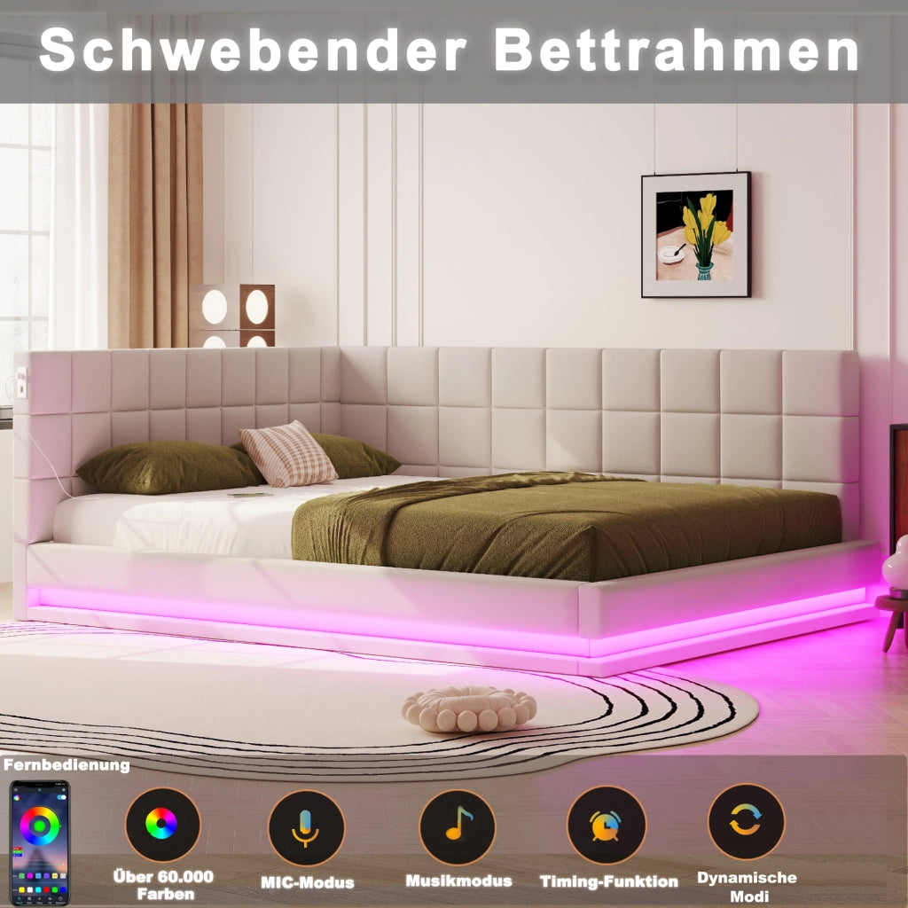 Divano letto in lino con LED e USB, 160x200 cm, beige
