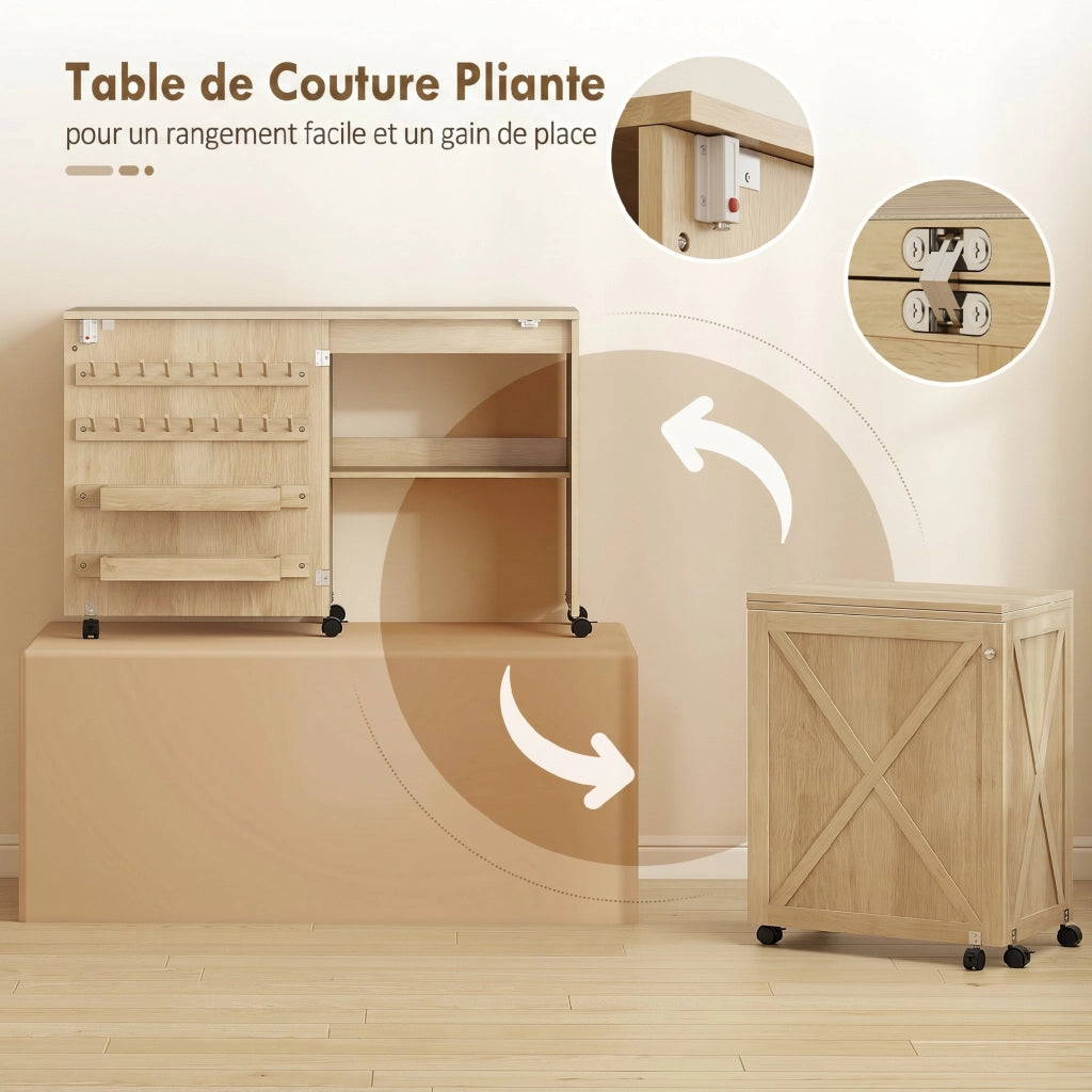 Table de Couture Pliante, Meuble Couture Roulant, Porte Magnétique de Grange, 2 Bacs, Étagère, 18 Chevilles, Naturel