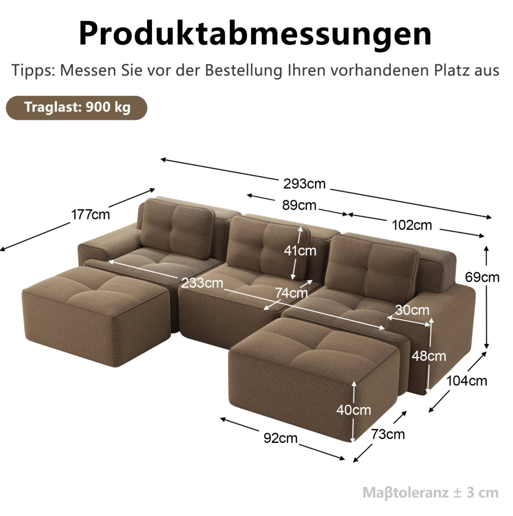 Divano modulare a U in velluto côtelé marrone, 3 posti senza struttura, con pouf, comfort cloud per soggiorno