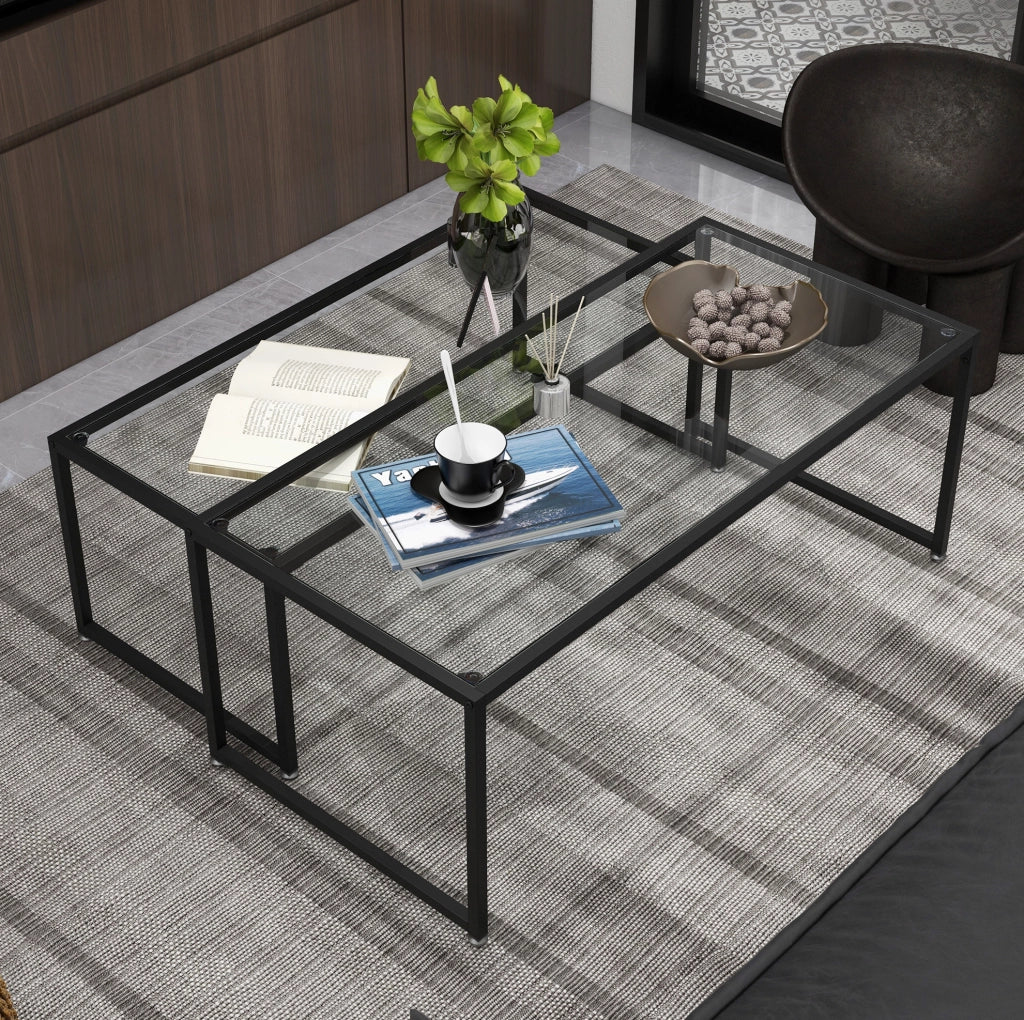 Tavolini da salotto impilabili set di 2 119x56x44,5 cm vetro temprato acciaio nero