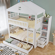 Letto a castello per bambini 90 × 200 cm a casetta bianco con scala due cassetti armadio laterale e protezioni