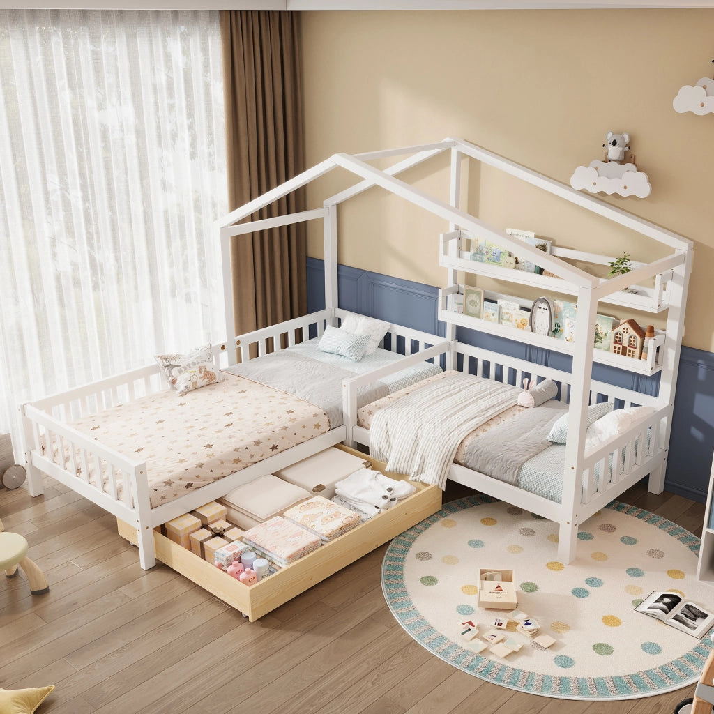 Letto a casetta 90 × 200 cm struttura a L con cassetto su ruote ripiani rete a doghe in legno bianco