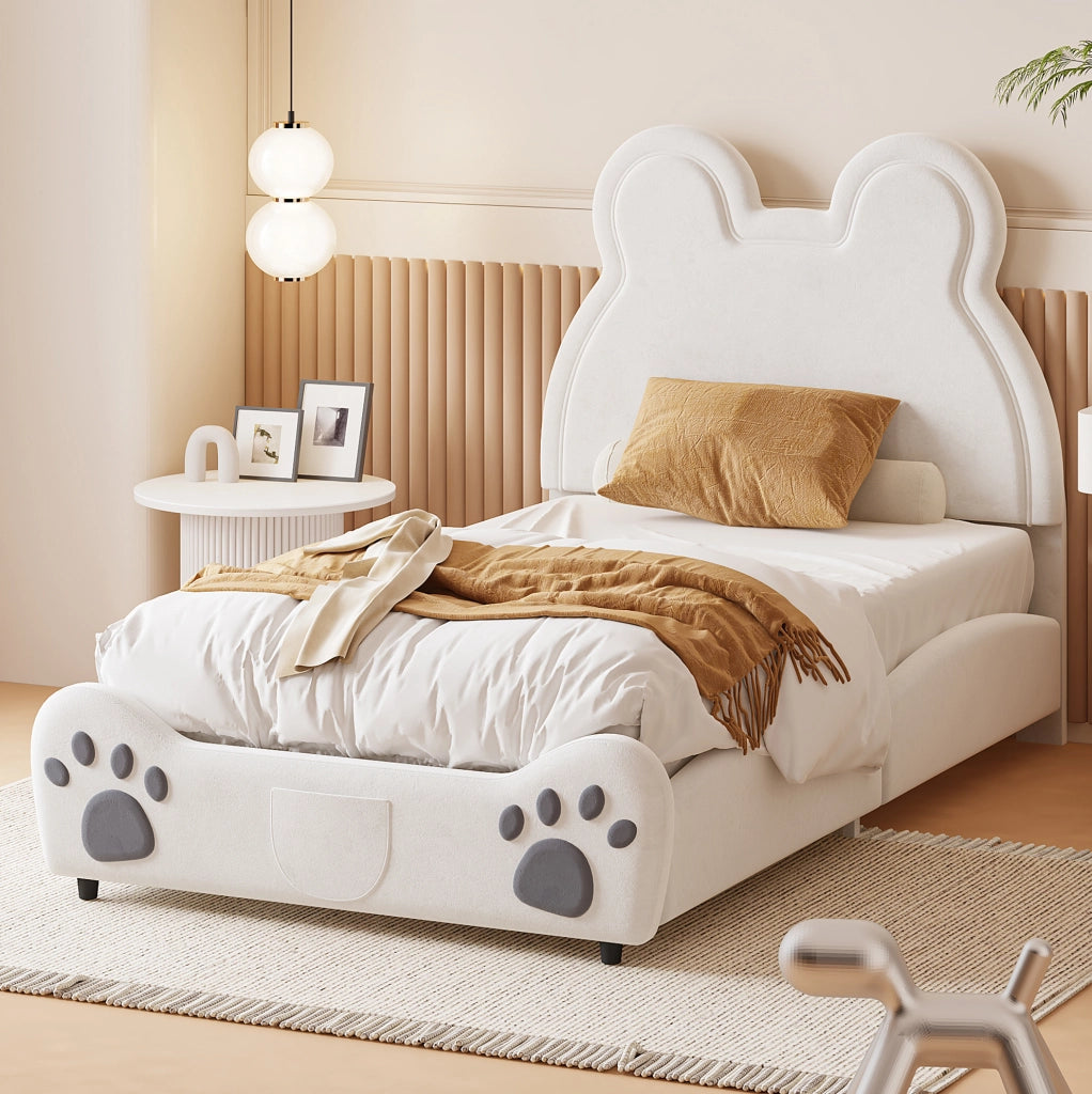 Letto imbottito per bambini a forma di orsetto, 90 x 200 cm, velluto bianco