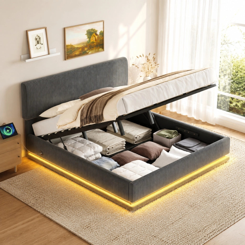 Letto contenitore 160 × 200 cm con testiera regolabile LED USB-C in tessuto a coste grigio scuro