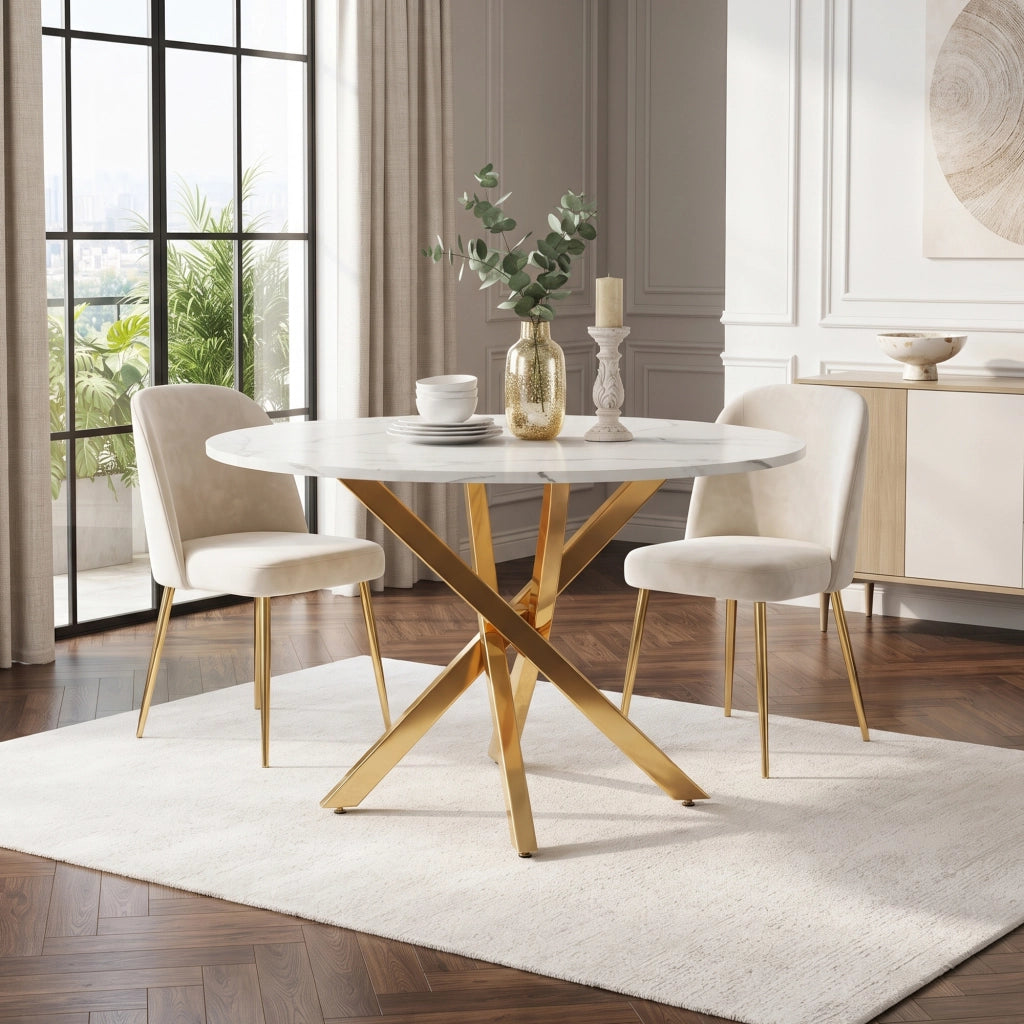 Tavolo da pranzo rotondo da 80 cm con piano effetto marmo e gambe dorate, moderno e stabile