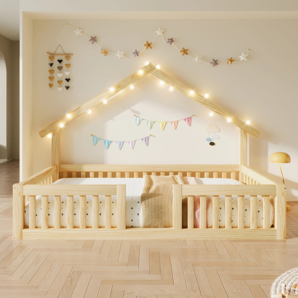 Letto Casetta per Bambini 90x200 cm con Sponde di Sicurezza; LED; Naturale