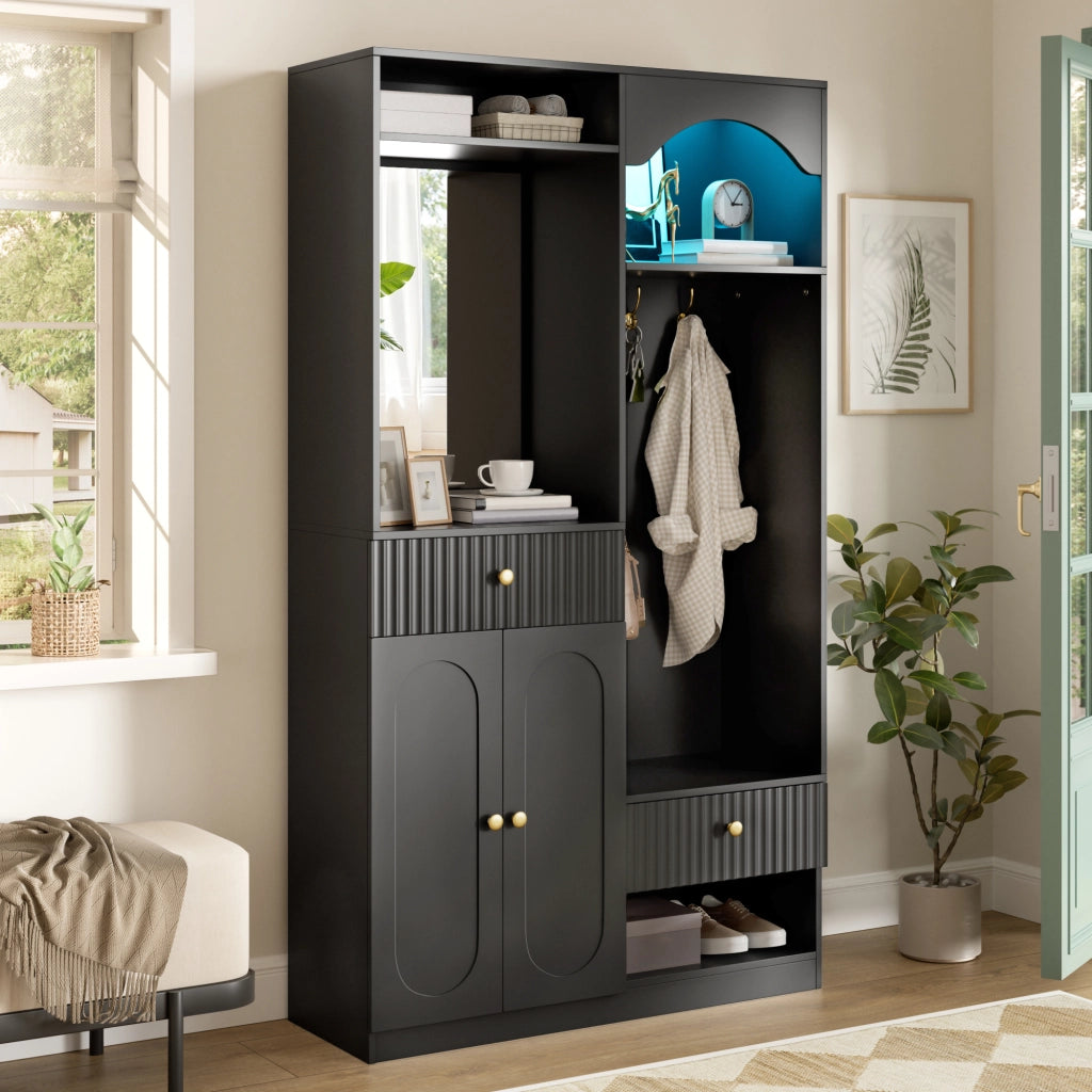 ARMADIO INGRESSO 100x35x180 cm Nero con specchio, appendiabiti e panca