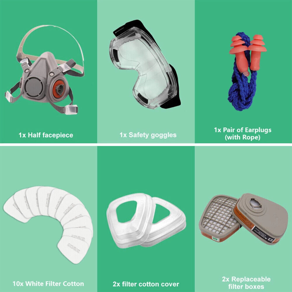 Set Maschera Respiratoria 17 in 1 con Occhiali e Filtri 6001 per Verniciatura e Levigatura Semimaschera Riutilizzabile Regolabile