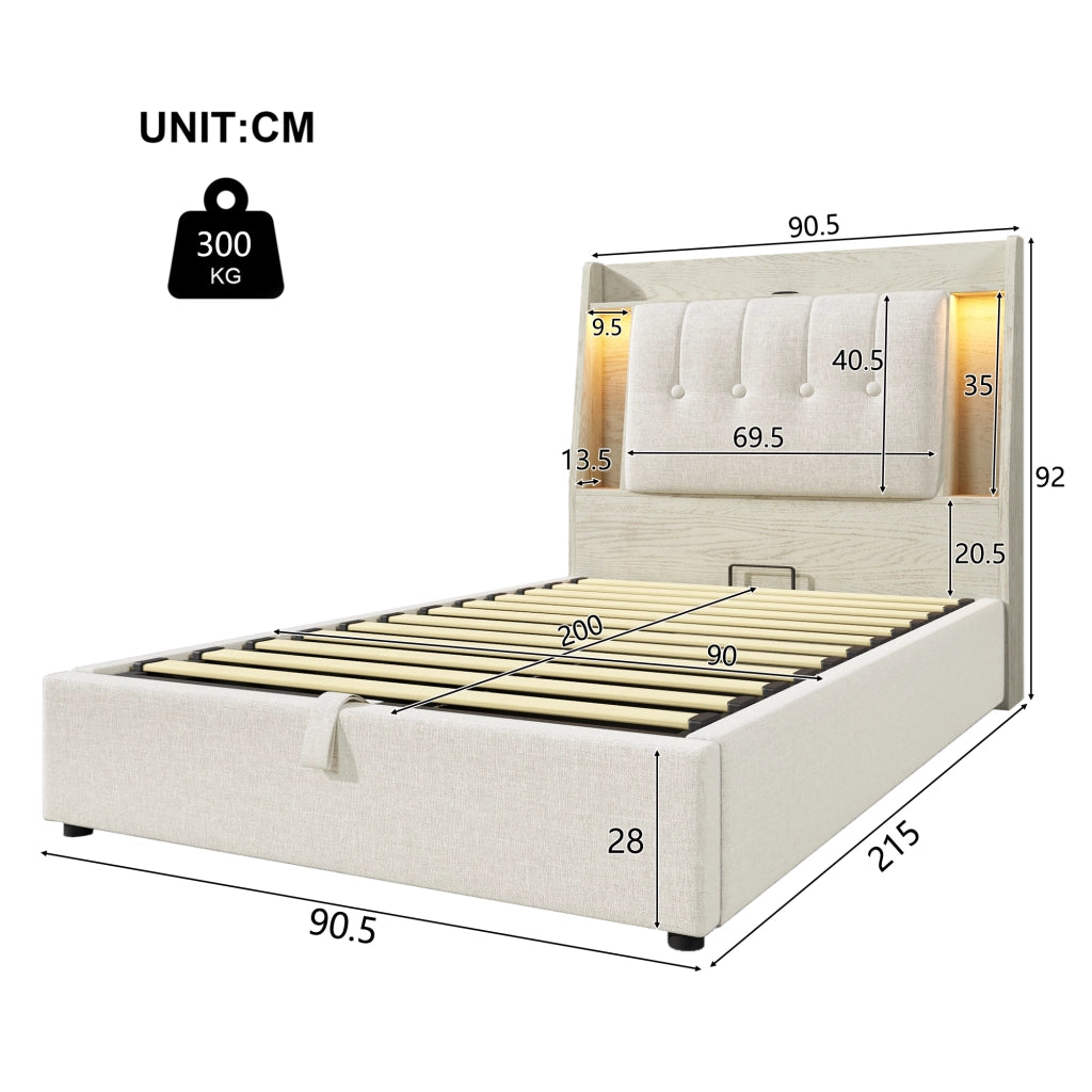 Letto per bambini 90x200 cm con LED; USB e Type-C; testiera con vani e scomparto ribaltabile; lino beige