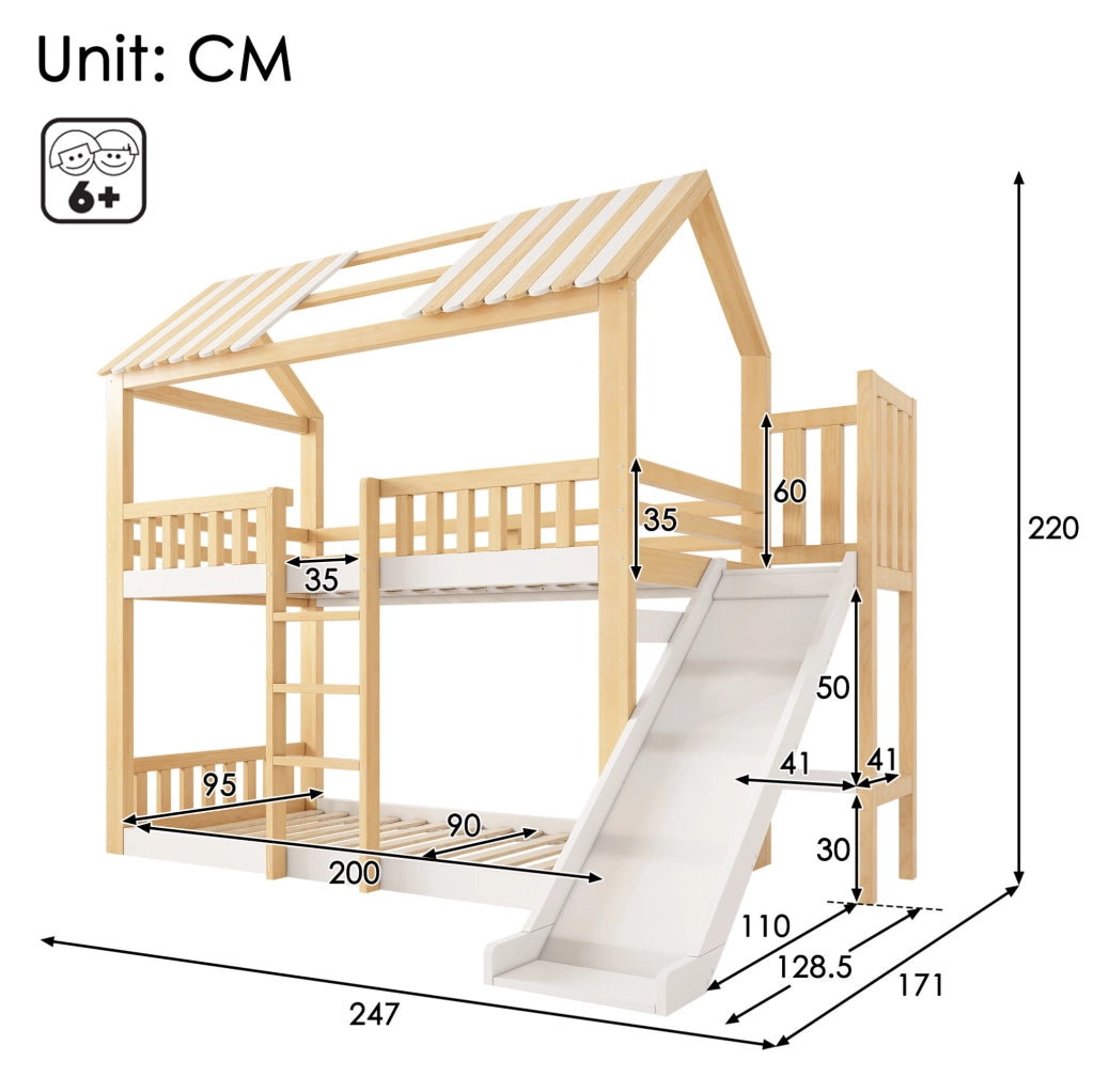 Letto a castello 90x200 cm con scivolo e ripiano in MDF, pino e compensato