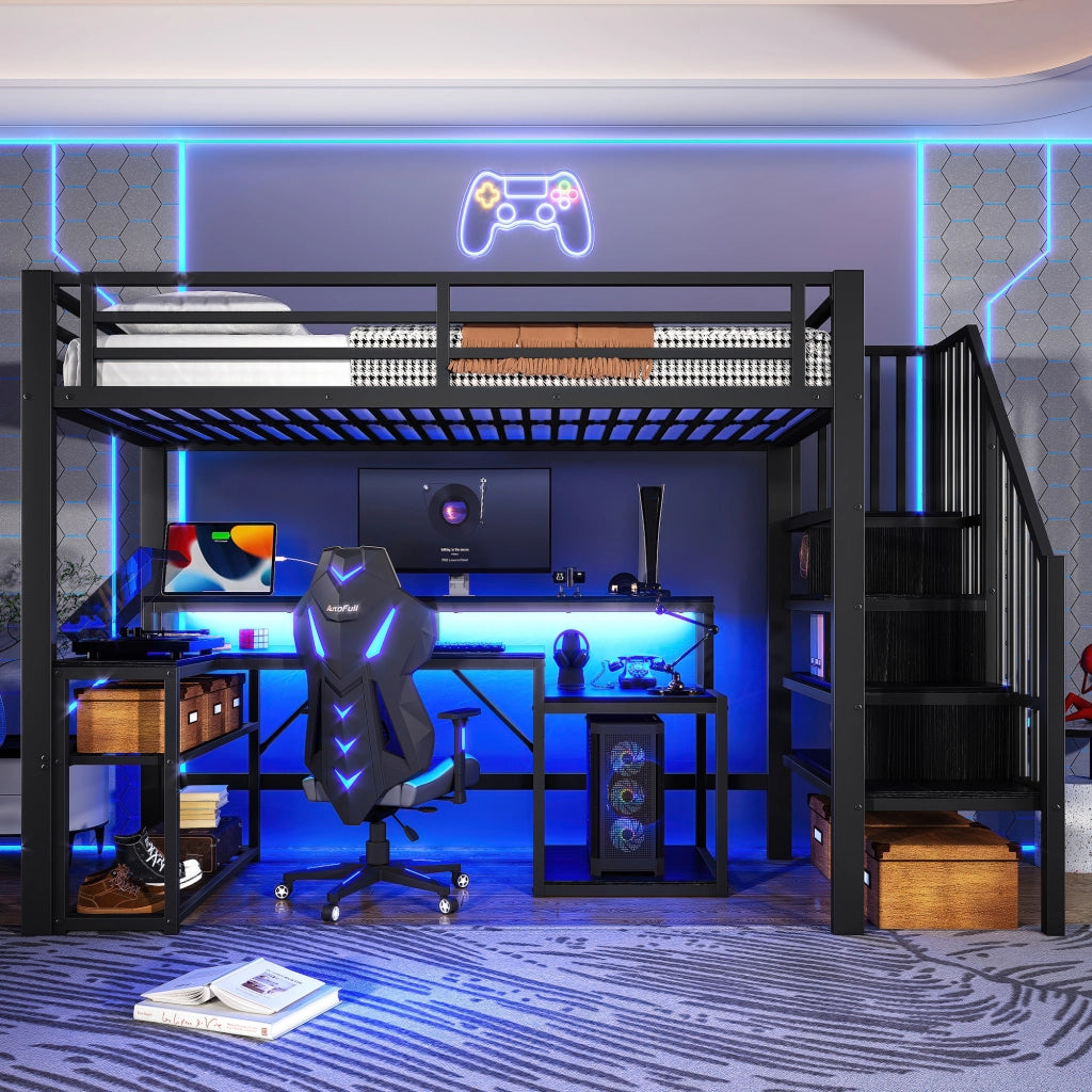 Letto a soppalco 90 × 200 cm con scrivania LED USB scale con contenitore parapetto metallo MDF nero