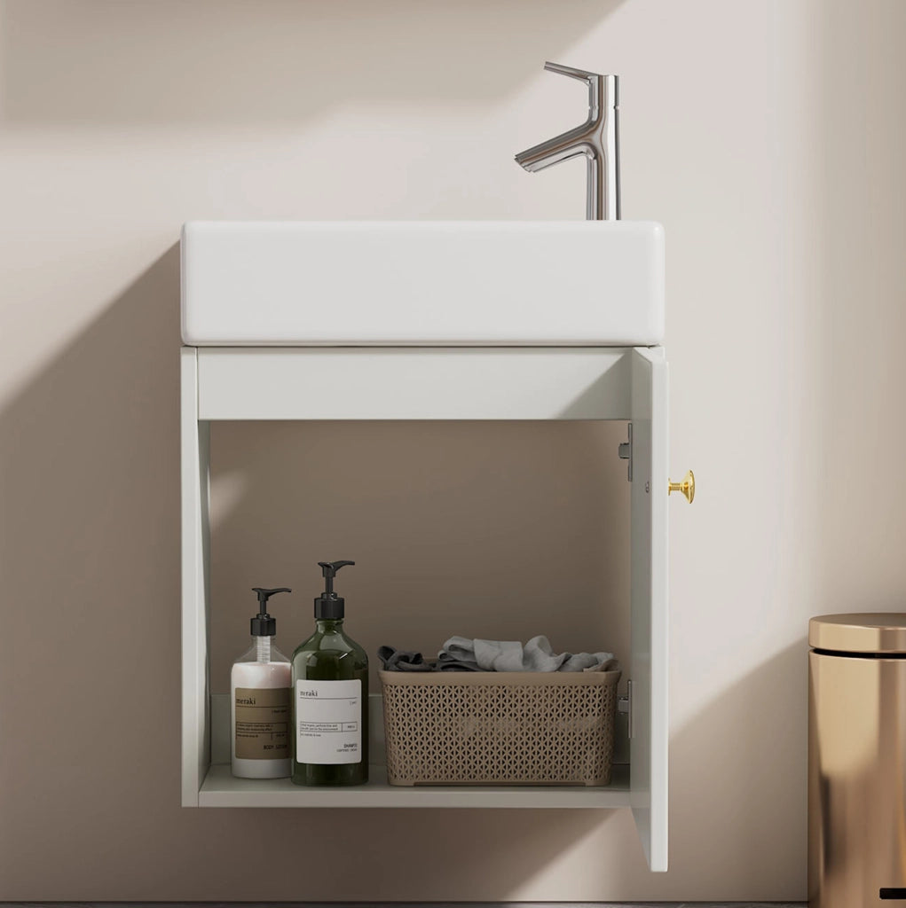Mobile bagno bianco con lavabo in ceramica e anta soft-close