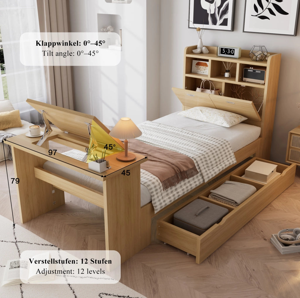 Letto singolo ULEVR 90x200 cm con cassetto, ripiano testiera e tavolo pieghevole regolabile, rovere naturale