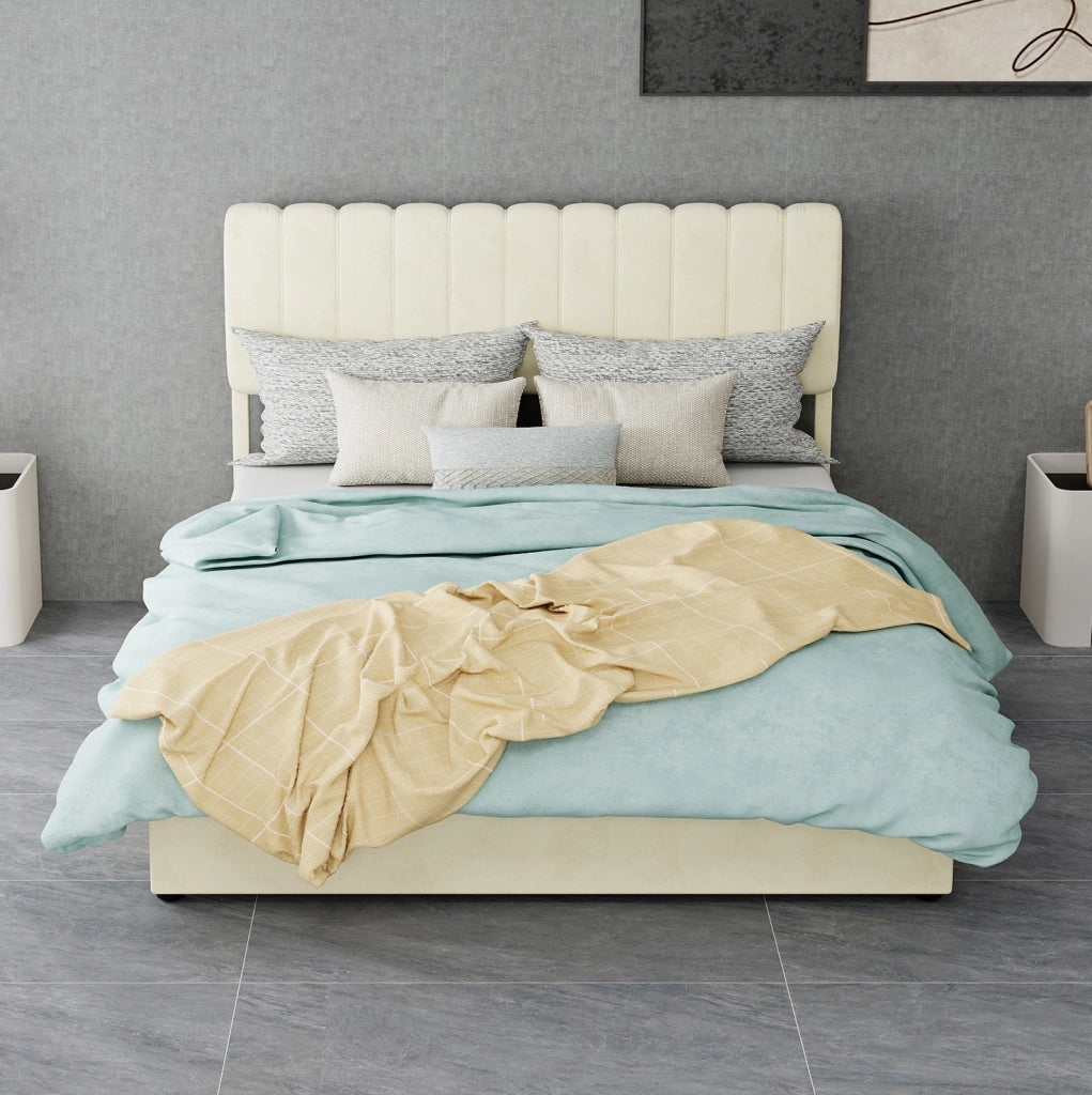 Letto imbottito minimalista beige 140x200 cm con testata morbida e contenitore