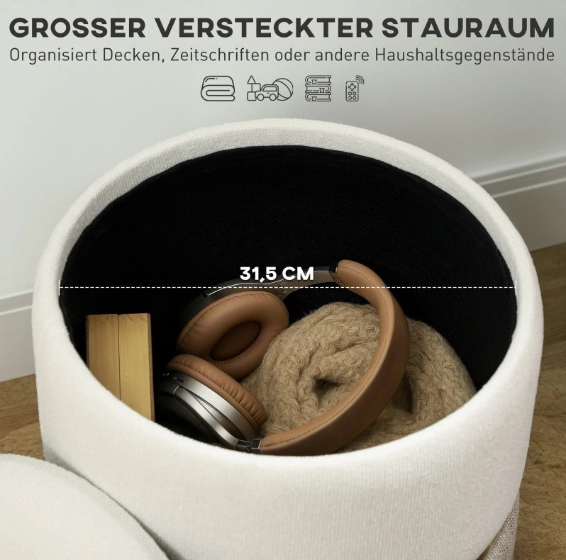 Pouf contenitore con coperchio, design bicolore con anello in metallo, 36 x 36 x 44 cm, crema e bianco