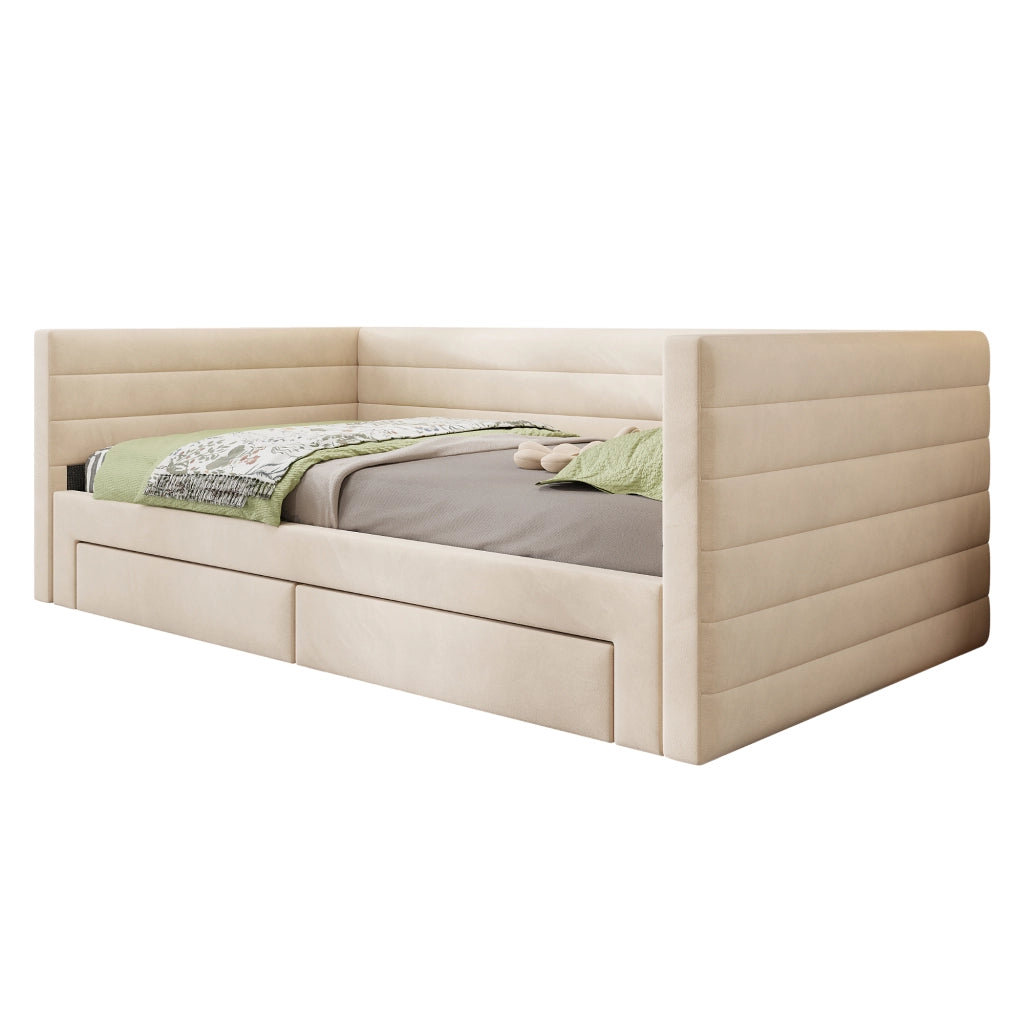 Divano letto 3 in 1 90 × 190 cm estensibile a 180 × 190 cm con 2 cassetti rivestito in cotone e lino beige