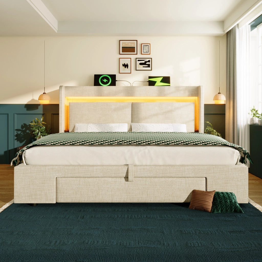 Letto contenitore 180 × 200 cm con testiera portaoggetti LED USB e USB-C in lino beige