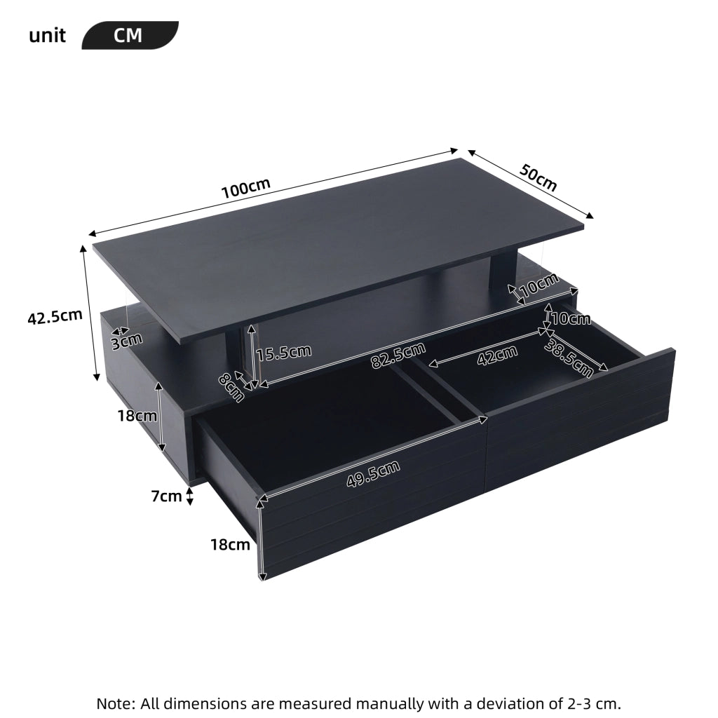Tavolino da caffè LED 100x50x42 cm con 2 cassetti e ripiano aperto; controllo tramite app; acrilico nero