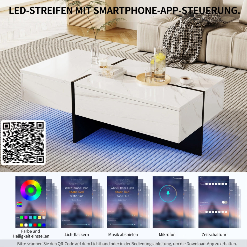 Tavolino da salotto in truciolato con finitura lucida effetto marmo bianco, 100x50x34,5 cm, con sistema di illuminazione LED controllabile via app, colore nero