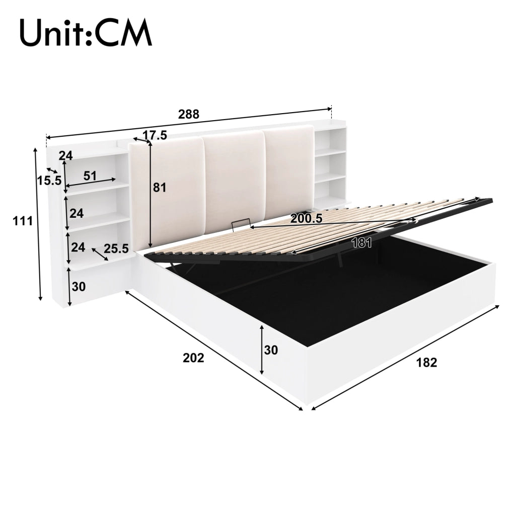Letto 180x200 cm con contenitore idraulico, testiera imbottita e LED bianco
