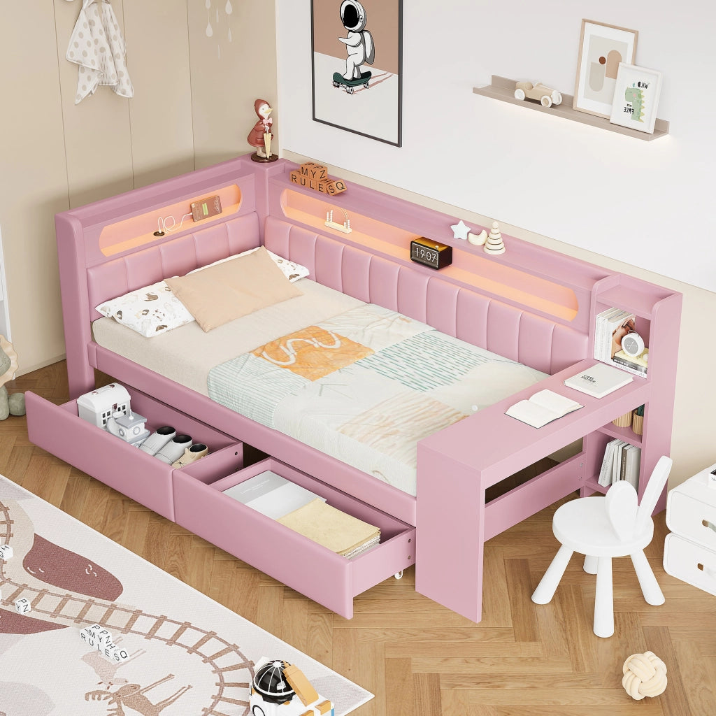 Daybed imbottito 90x200 rosa con USB; LED; scrivania e 2 cassetti