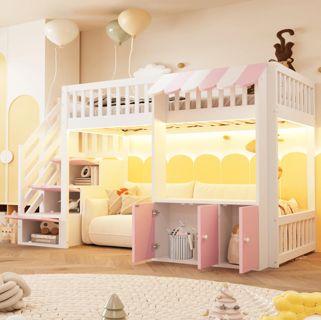 Letto a soppalco singolo 90x200 cm con scala contenitore e luce LED; rosa e bianco