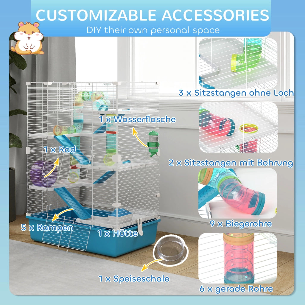 Gabbia per criceti a sei livelli con torri doppie; tubi e accessori in plastica azzurro chiaro 58 × 36 × 81 cm
