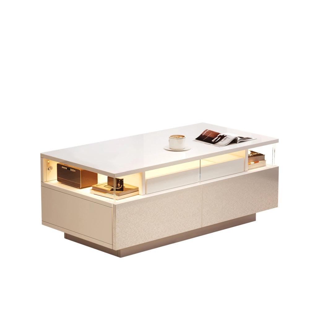 Tavolino da salotto bianco lucido 90x45x35,5 cm con 2 cassetti in acrilico, vetrate laterali in vetro temperato, ripiano estraibile e illuminazione LED controllabile via app
