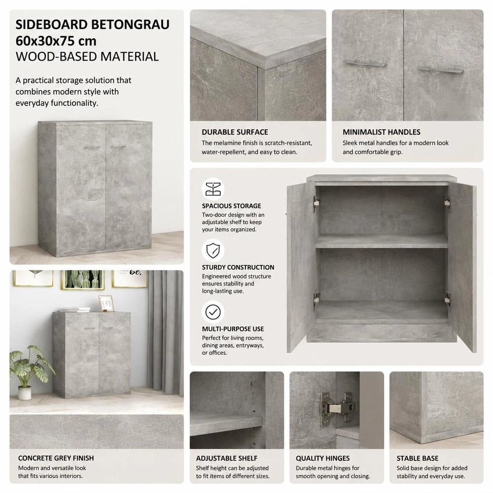 Sideboard Concrete Grey 60x30x75 Cm Wood Material