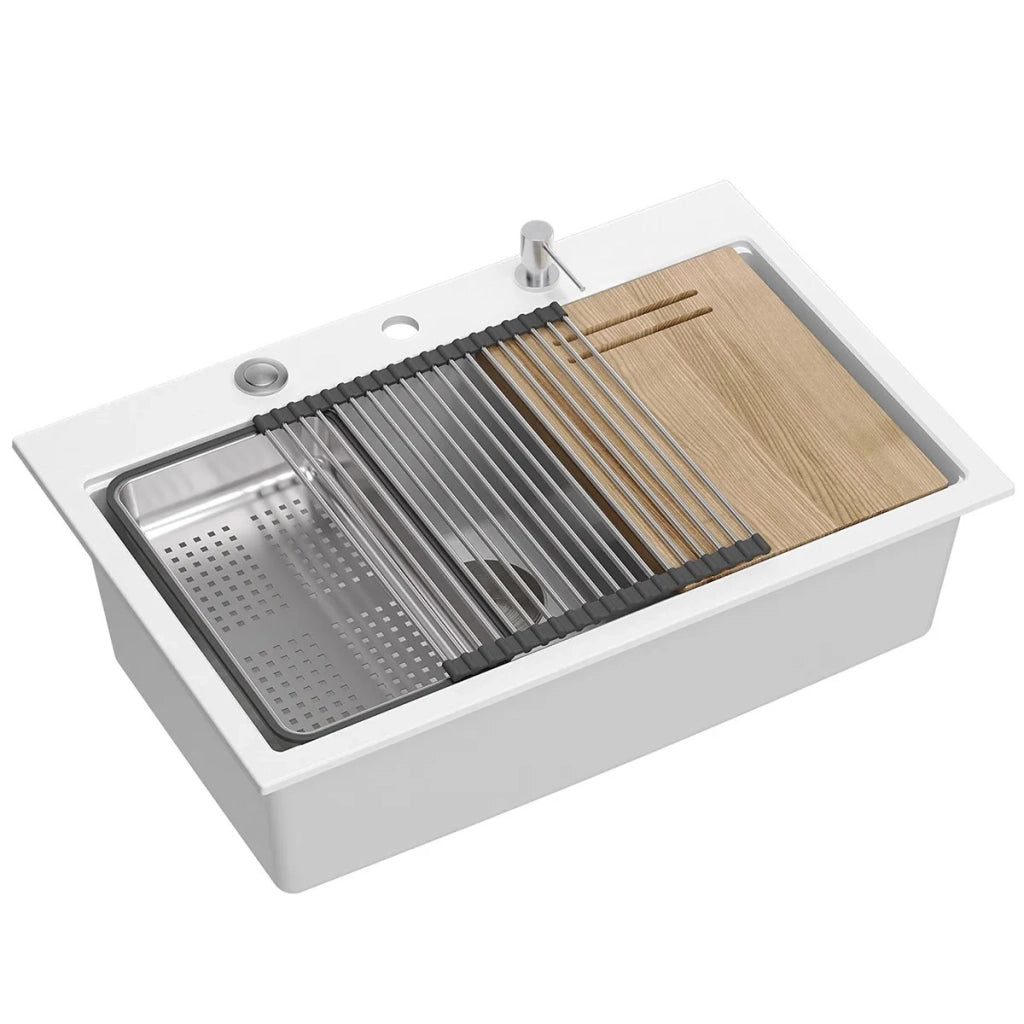 Lavello In Granito Marc 110 Workstation White Tappo rame spazzolato