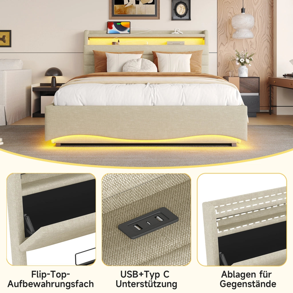Letto contenitore 140 × 200 cm con LED; porte USB e Type-C; rivestito in lino beige con vano idraulico