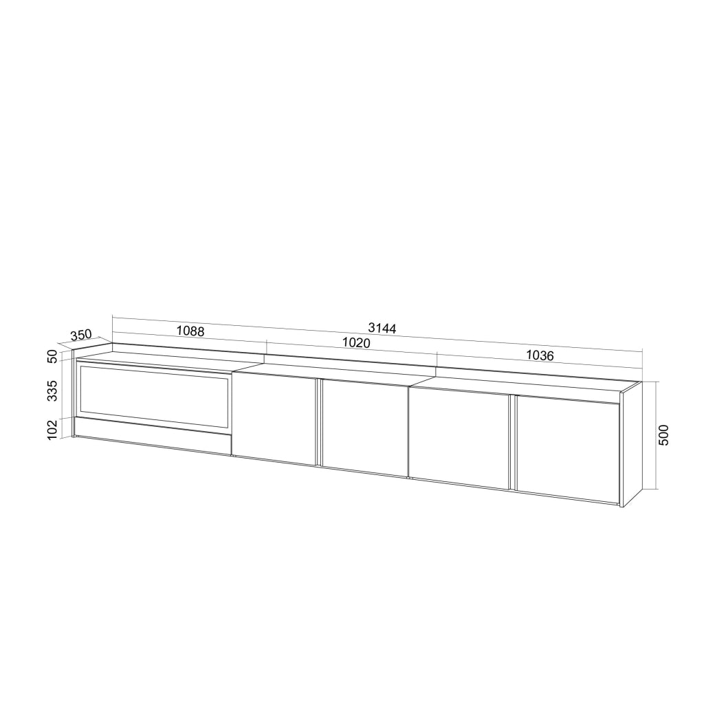 Mobile TV Soggiorno, 315x50x35 cm, Per TV fino a 80", Camino elettrico XXL, Rovere e nero