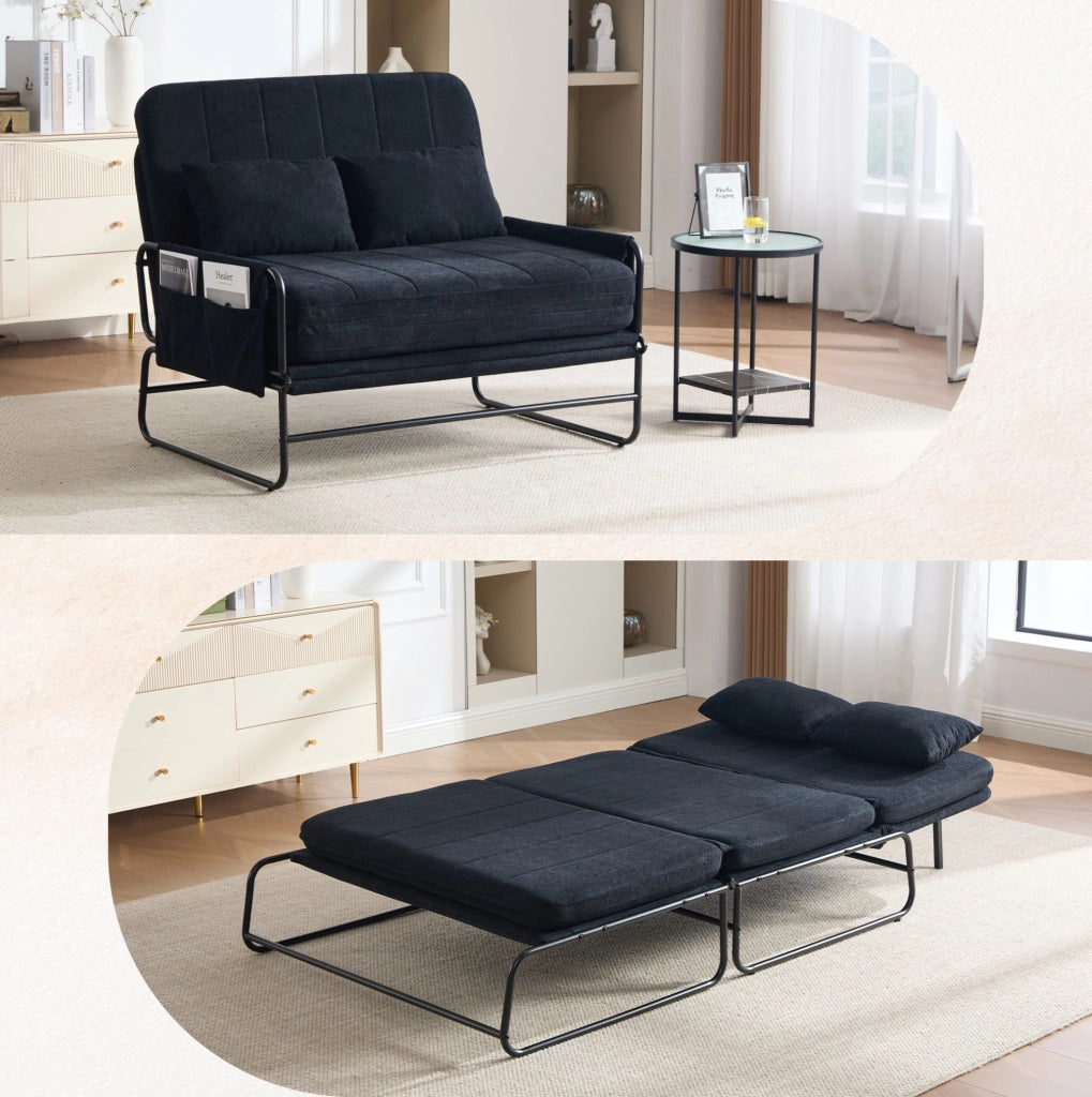 Divano letto 2 posti ULEVR 104x85x92 cm trasformabile con tasche laterali, ciniglia nera