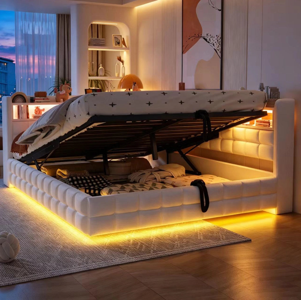 Divano letto imbottito ULEVR 140x200 cm con vano idraulico, LED, presa USB e Type-C, velluto beige