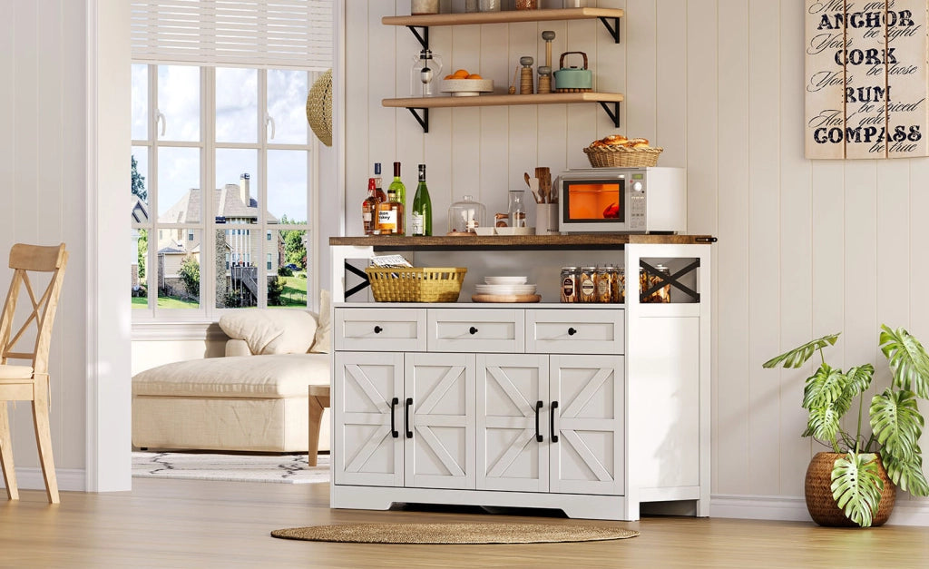 Buffet rustico 140 cm con 3 cassetti, ante con ripiani e vano aperto, mobile contenitore per cucina, soggiorno e ingresso bianco/marrone