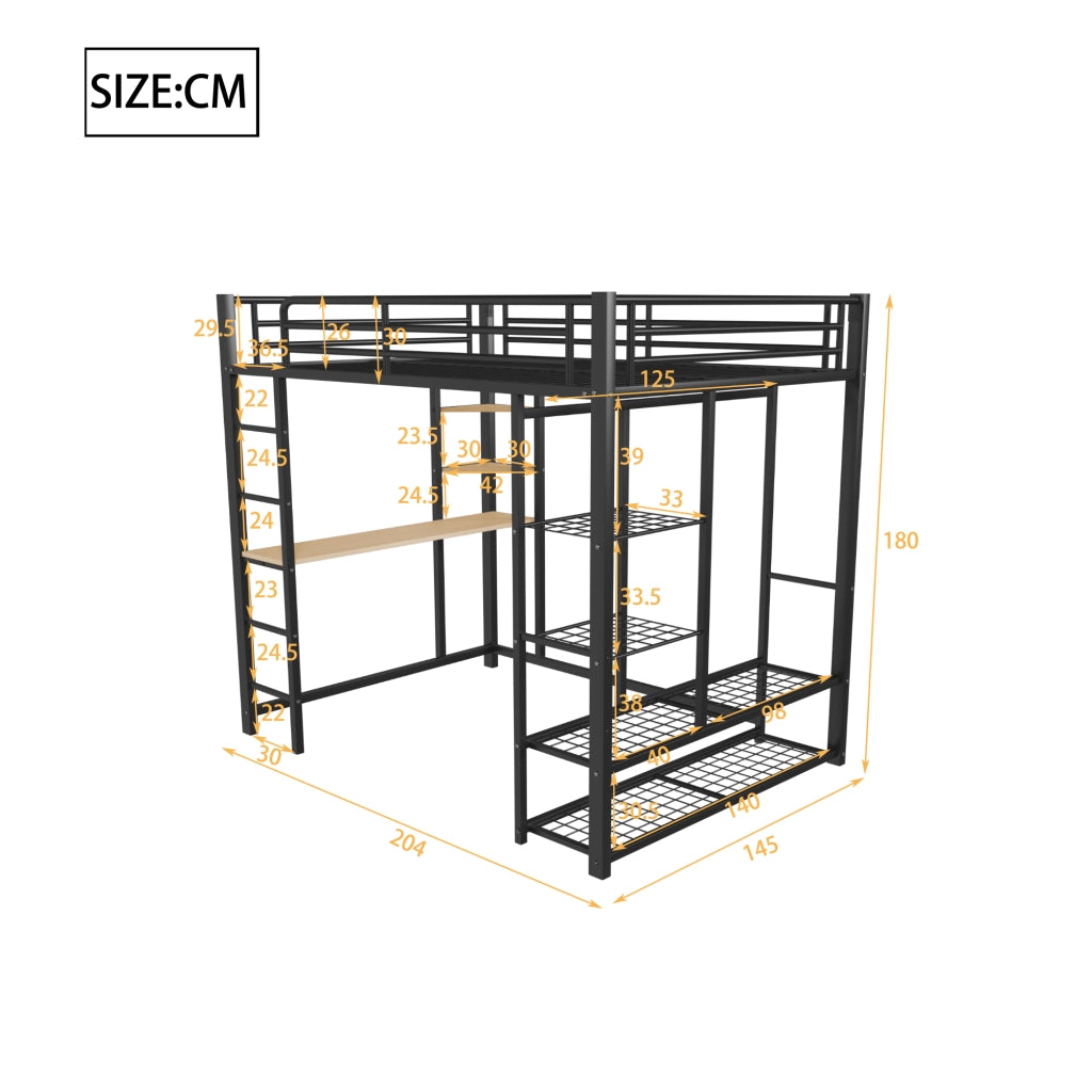 Letto a soppalco 140 × 200 cm con scrivania; guardaroba laterale e ripiani in metallo nero