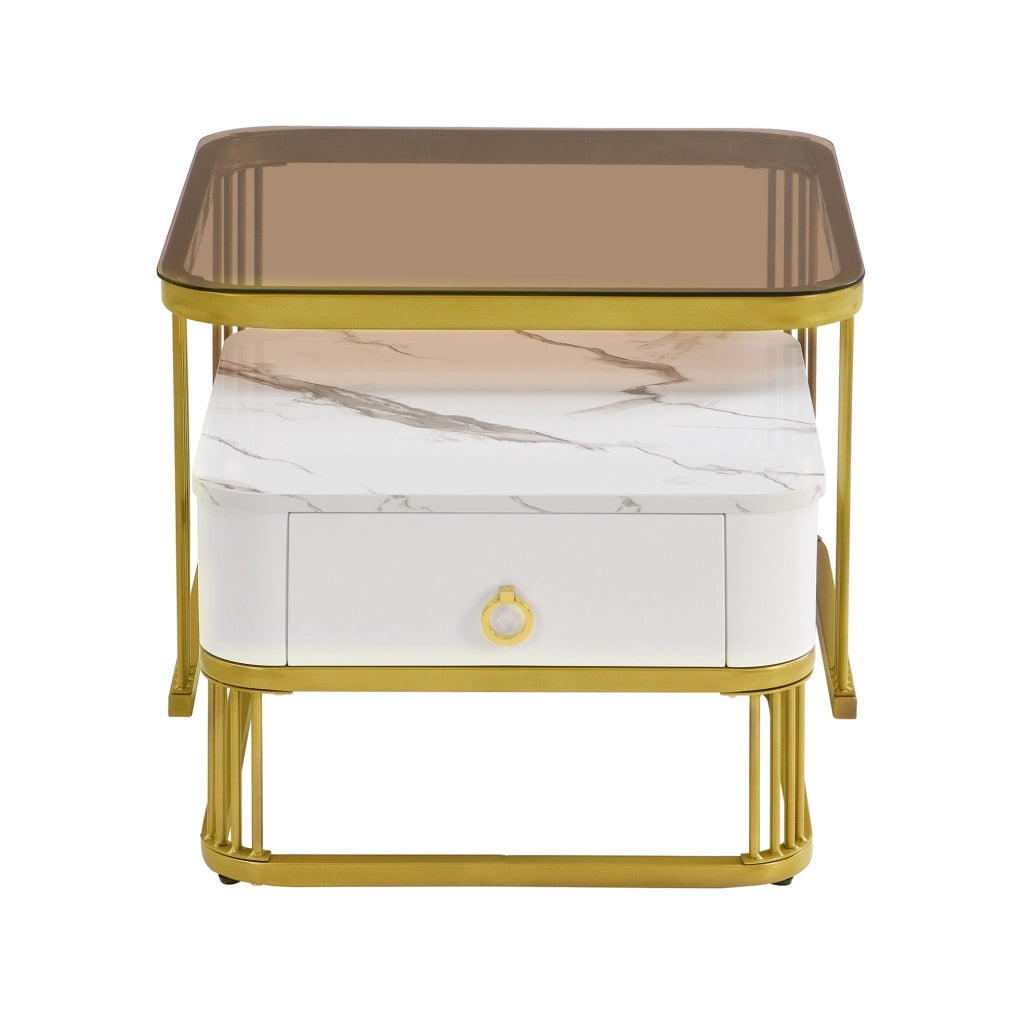 Set di 2 tavolini da salotto a incastro con cassetti in MDF bianco e oro