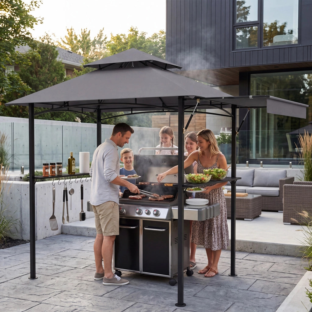 Gazebo per barbecue con telo laterale retraibile 2 ripiani 8 ganci, Pergola per bbq  struttura in metallo con tetto a doppio strato