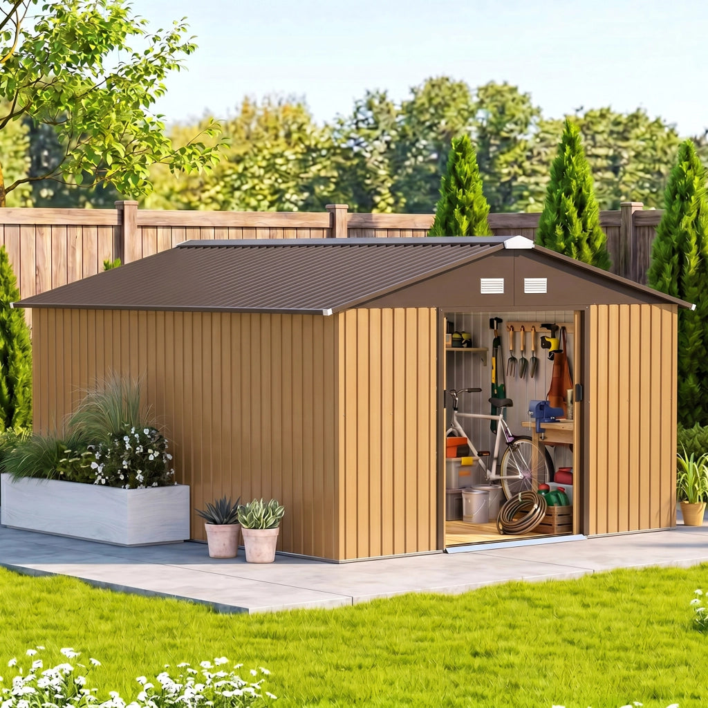 Casetta da Giardino con 2 Porte Scorrevoli e 4 Prese d'Aria in Acciaio, 340x386x200cm, Giallo