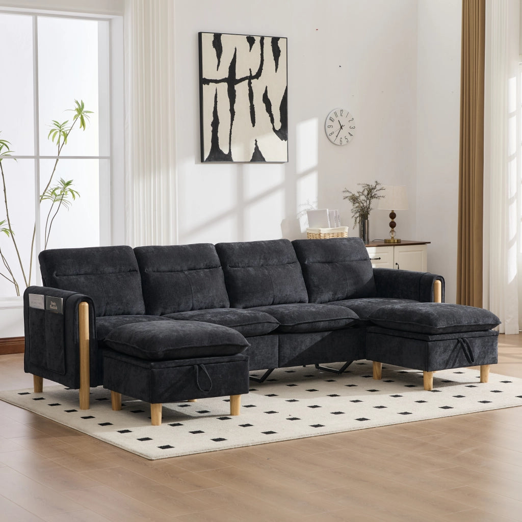 Divano modulare 4 posti - con 2 pouf contenitore e tasche laterali - in chenille nero