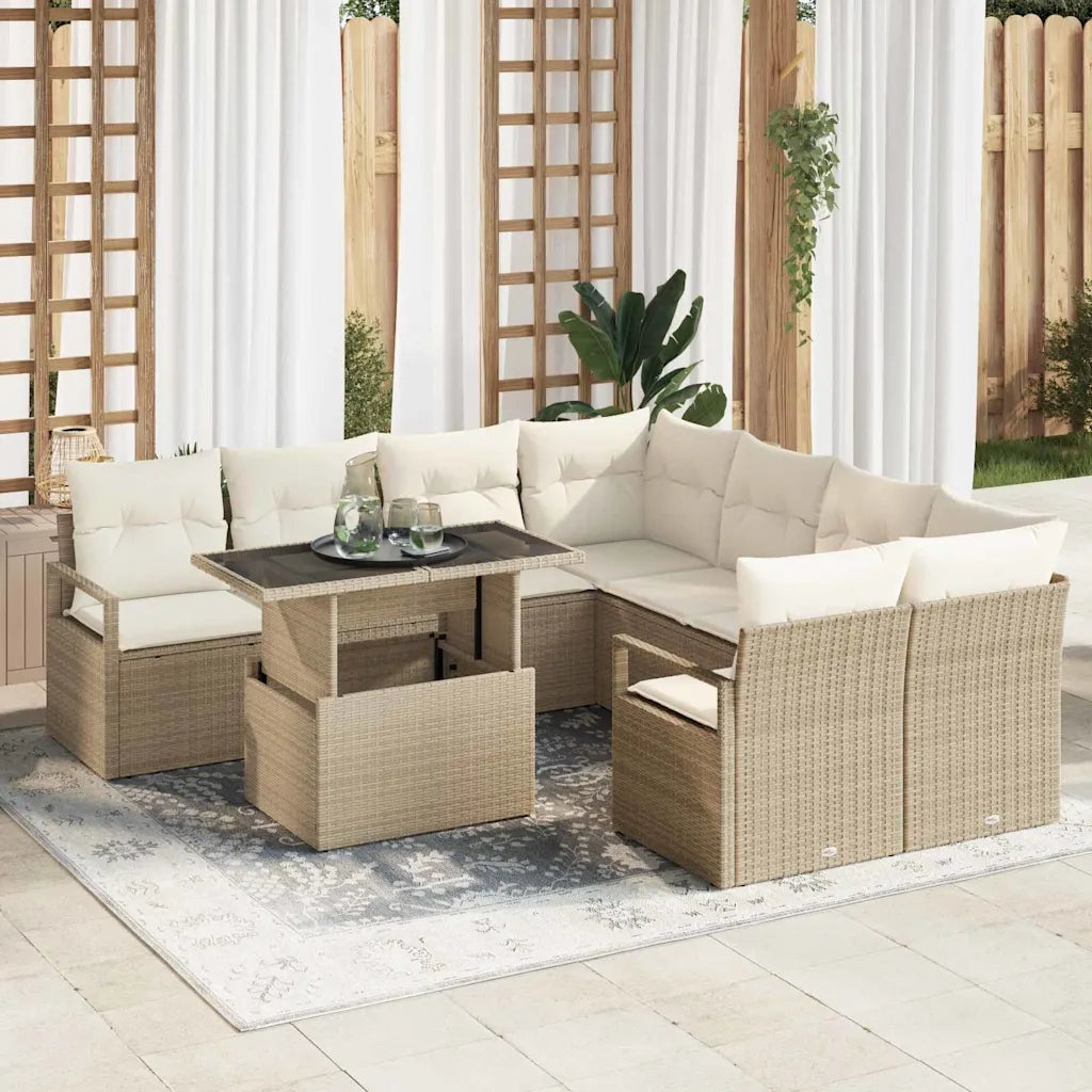 Set Divano da Giardino 9 pcs Beige e Crema polyrattan