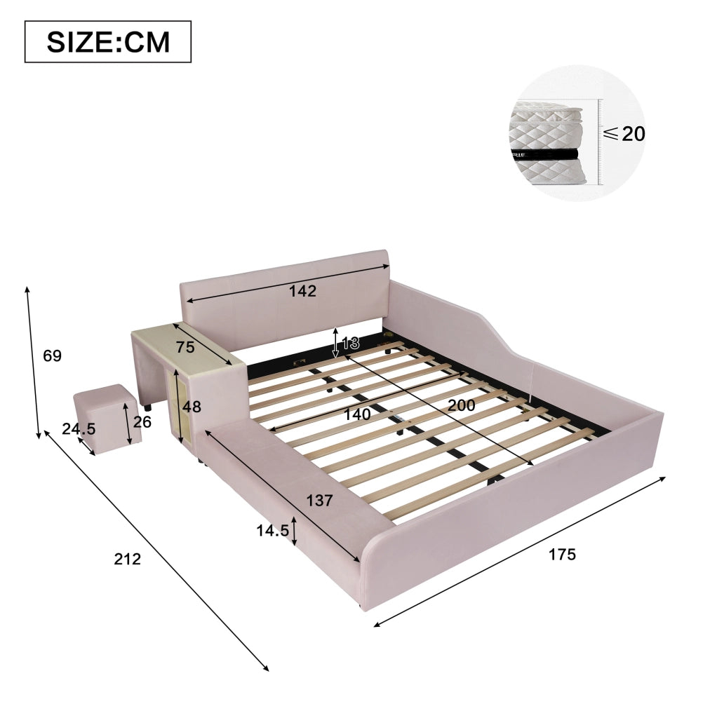 Letto imbottito rosa 140x200 con scrivania e sgabello
