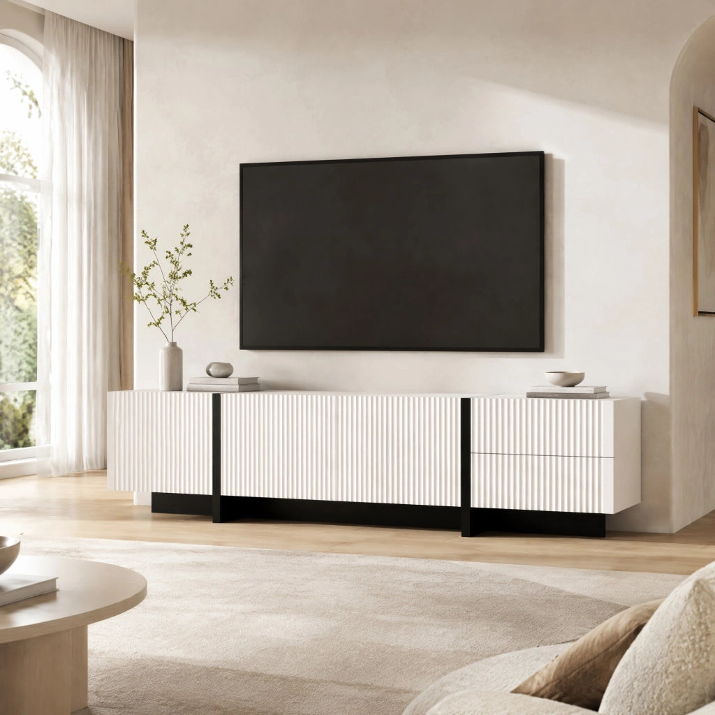 Mobile TV 190 cm con 3 ante e 2 cassetti, bianco e nero